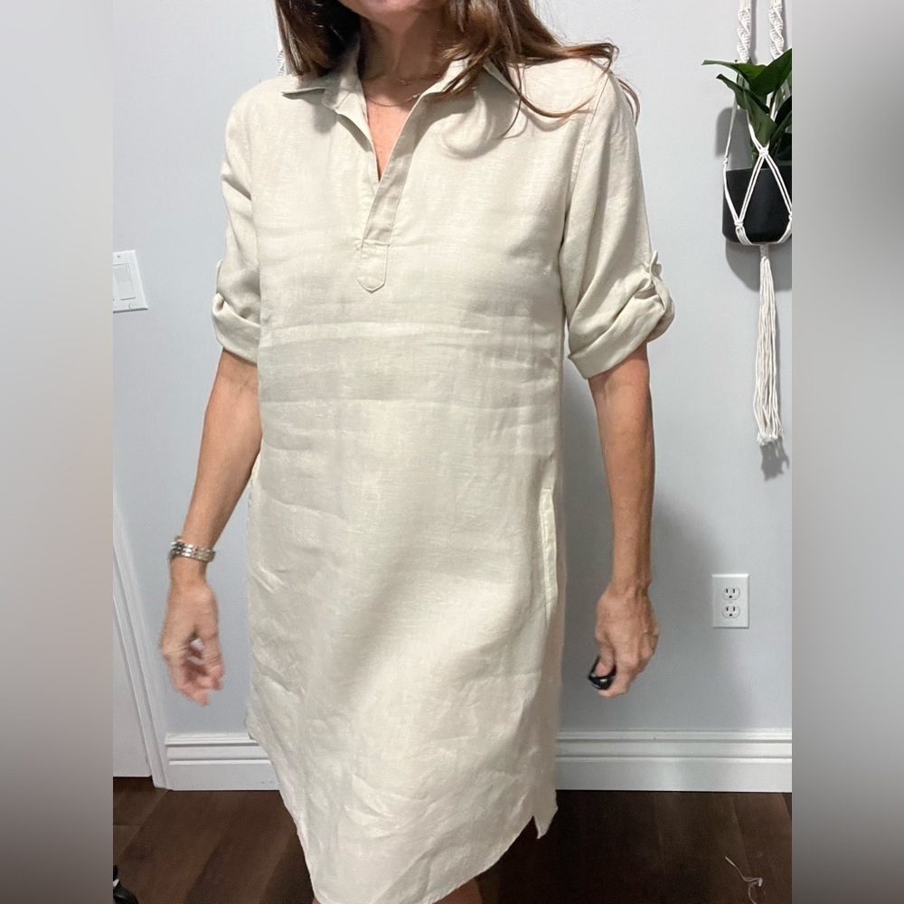Pure Amici Linen Roll Tab Sleeve Tan Khaki Shirt Dress Small - Picture 4 of 12